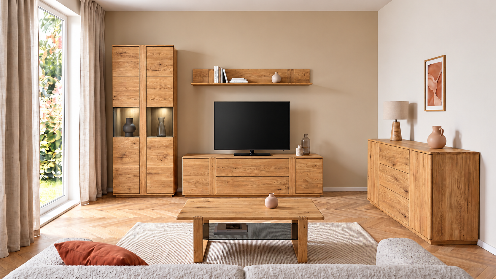 Wohnzimmer Kyoto von Gutekunst: Wohnwand, Sideboard und Couchtisch in Eiche