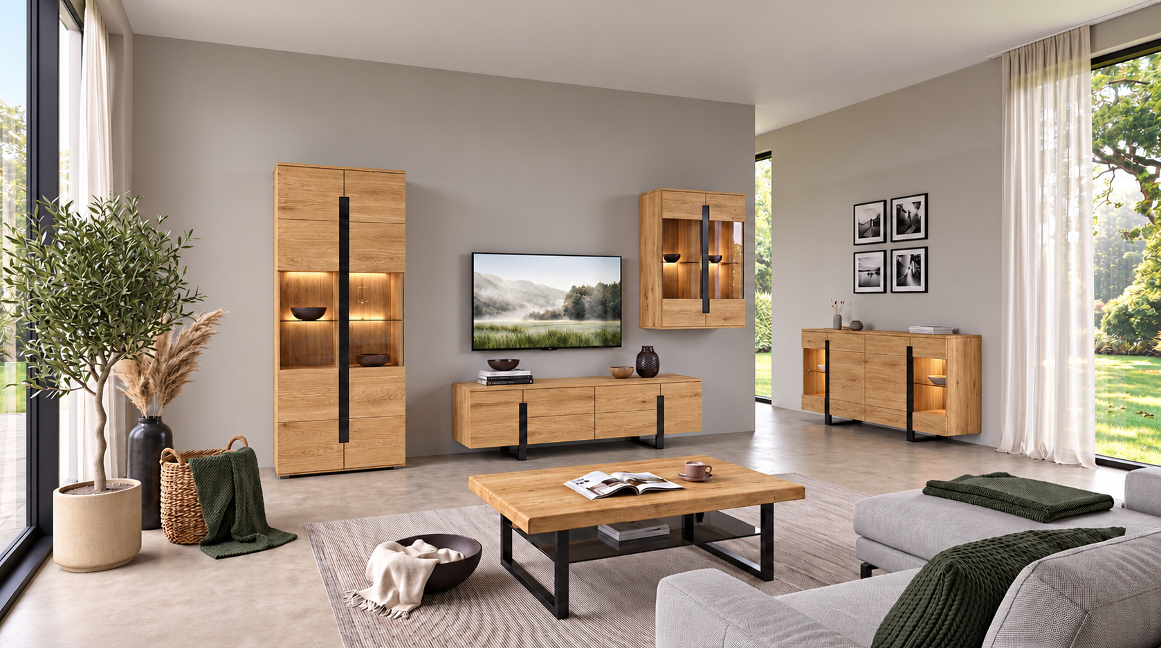 Wohnzimmer Tokyo von Gutekunst: Wohnwand, Sideboard und Couchtisch in Eiche mit schwarzem Metall